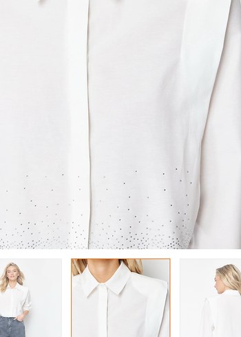 Düğmeli Beyaz Denim V Yaka Kadın Gömlek - Görsel 3