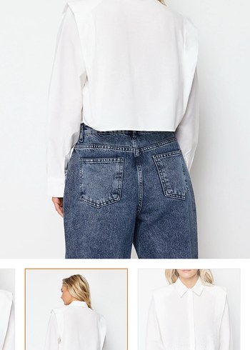 Düğmeli Beyaz Denim V Yaka Kadın Gömlek - Görsel 4