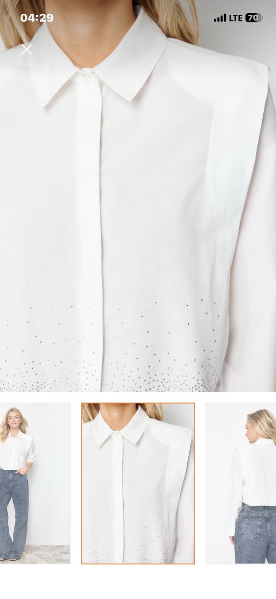 Düğmeli Beyaz Denim V Yaka Kadın Gömlek - Görsel 3