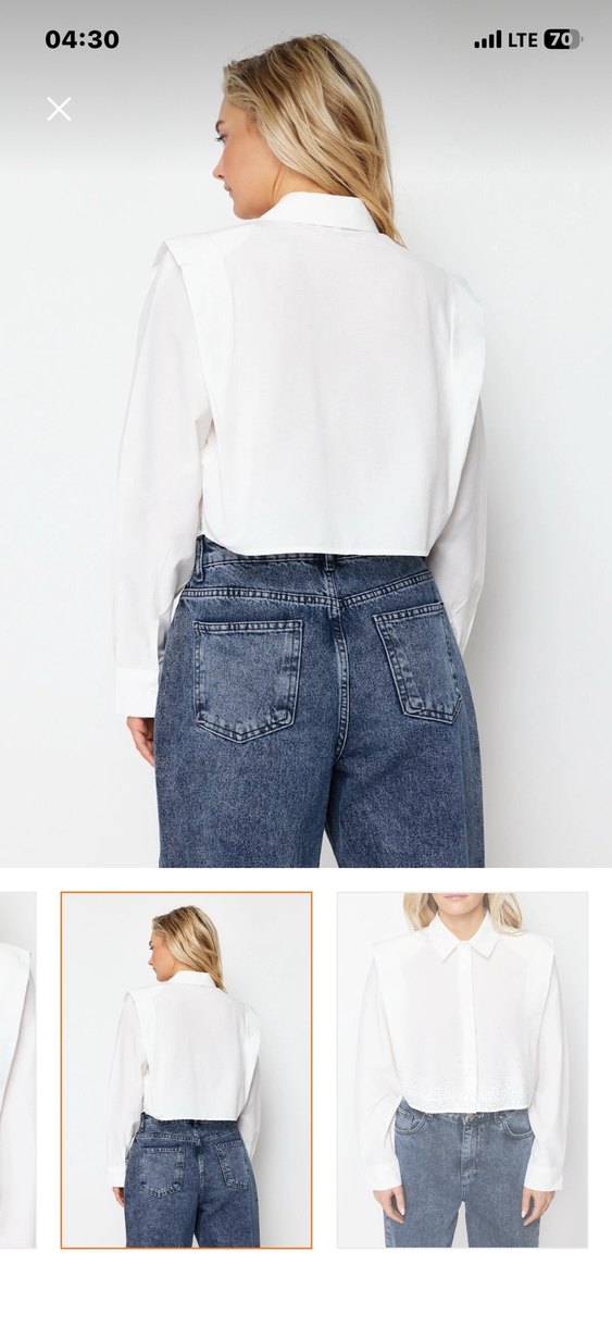 Düğmeli Beyaz Denim V Yaka Kadın Gömlek - Görsel 4