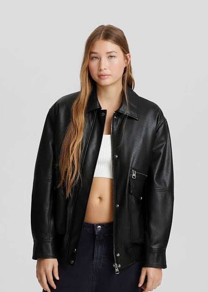 Bershka Suni Deri Oversize Dad Fit Deri Ceket - Görsel 2