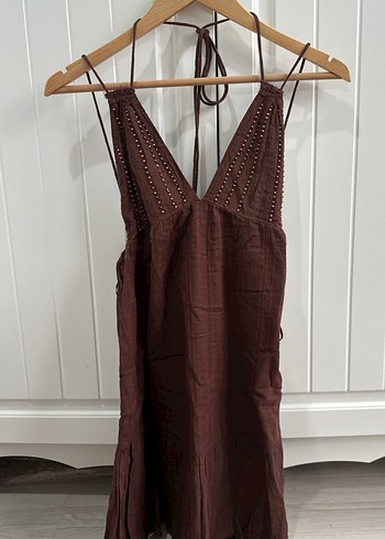 Pull and Bear Kahverengi Nakışlı Bohem Elbise - Görsel 3