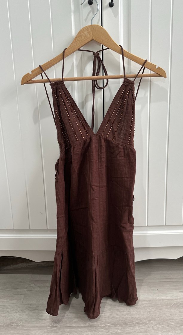 Pull and Bear Kahverengi Nakışlı Bohem Elbise - Görsel 3