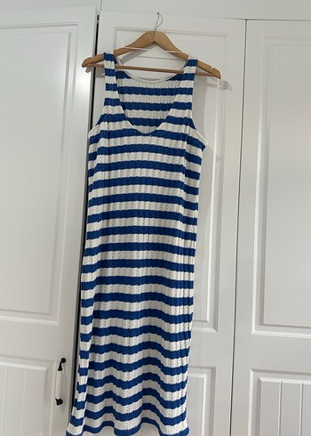 Pull and Bear Mavi Çizgili Triko Midi Elbise - Görsel 4