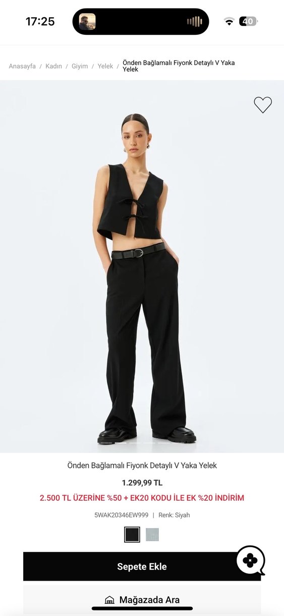 Koton Önden Bağlamalı Fiyonklu V Yaka Siyah Mini Yelek - Görsel 3