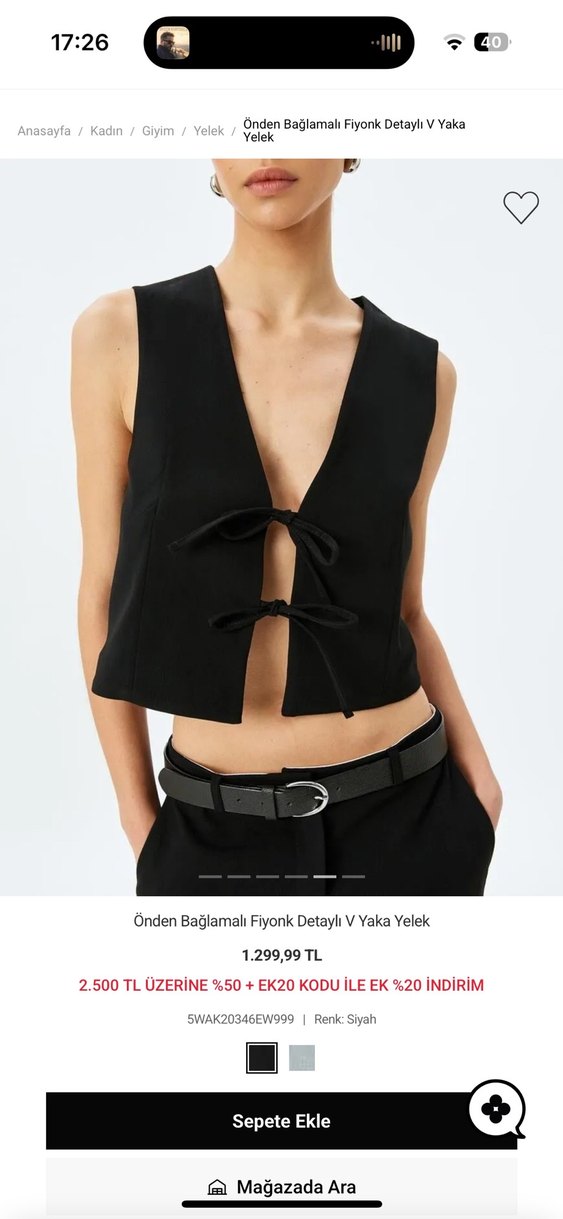 Koton Önden Bağlamalı Fiyonklu V Yaka Siyah Mini Yelek - Görsel 4