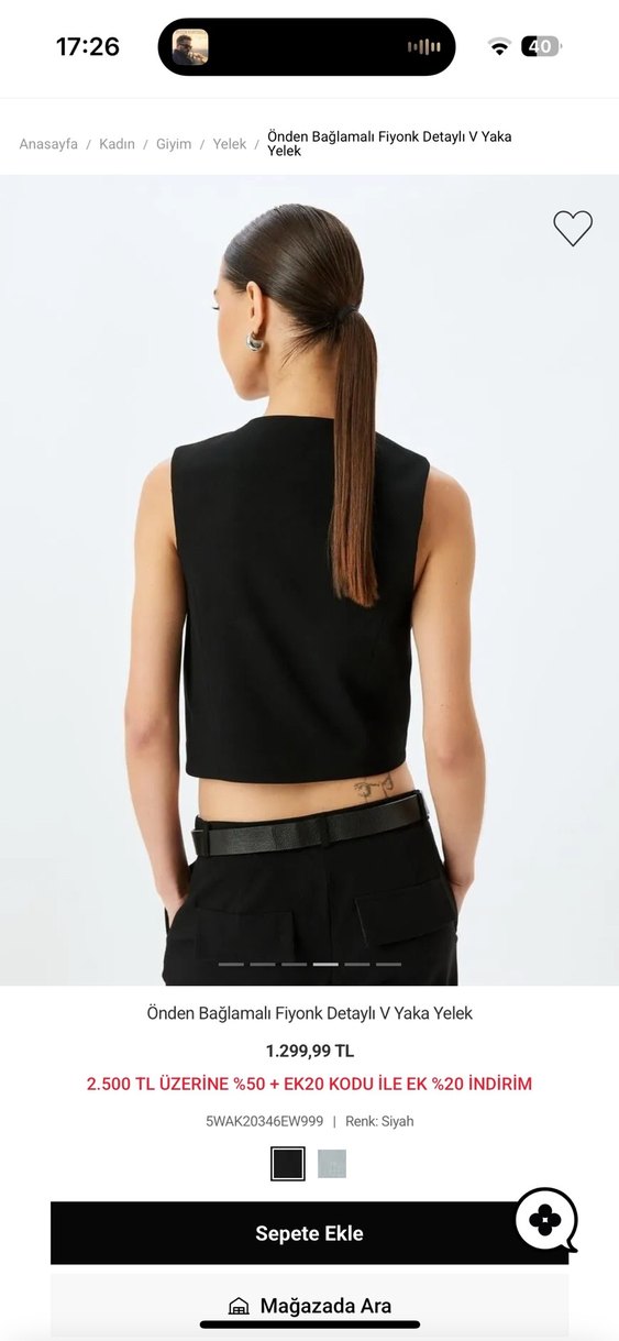 Koton Önden Bağlamalı Fiyonklu V Yaka Siyah Mini Yelek - Görsel 2