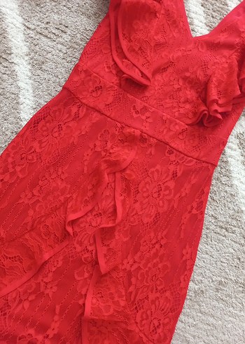 Dantel Detaylı Kırmızı Midi Elbise - Görsel 10