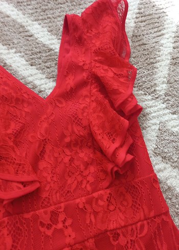 Dantel Detaylı Kırmızı Midi Elbise - Görsel 8