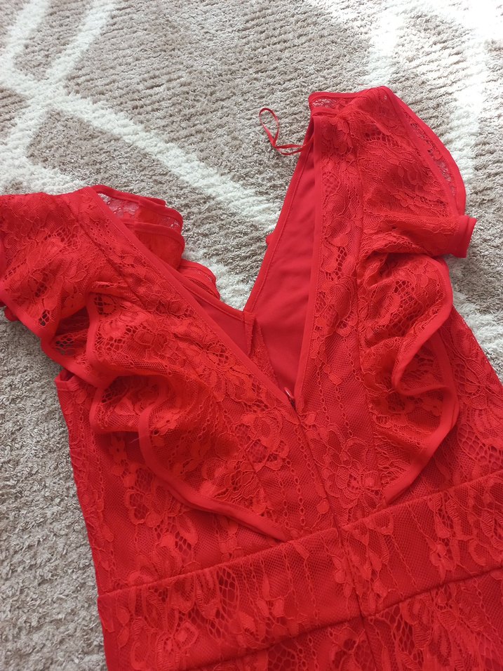 Dantel Detaylı Kırmızı Midi Elbise - Görsel 5