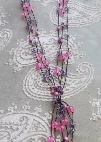 Pembe Boncuklu Uzun Bohem Kolye