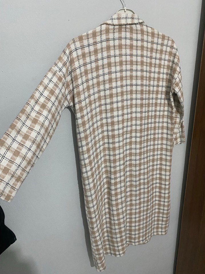 Bej Ekoseli Uzun Kadın Kaban - Görsel 2