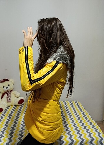 s Beden sarı Renk Sarı kısa mont kürk kapüşonlu