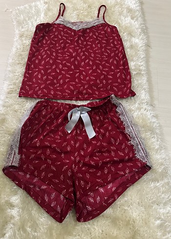 Bordo Desenli Kadın Mini Pijama Takımı