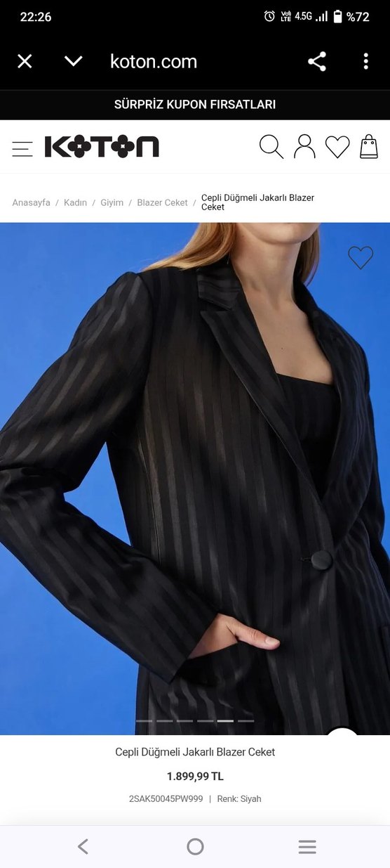 Koton x Ece Sukan Cepli Düğmeli Jakarlı Siyah Kadın Blazer Ceket - Görsel 3