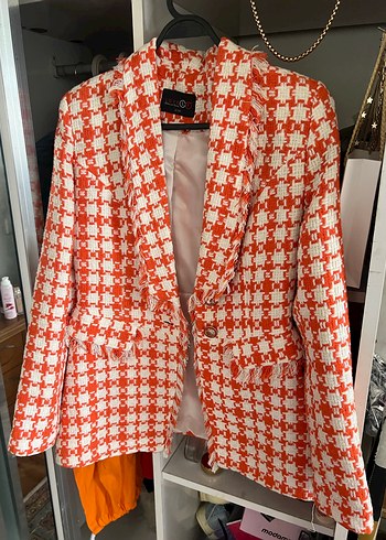 Kırmızı Ekose Düğmeli Midi Kadın Blazer - Görsel 3