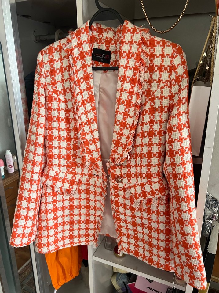 Kırmızı Ekose Düğmeli Midi Kadın Blazer - Görsel 3