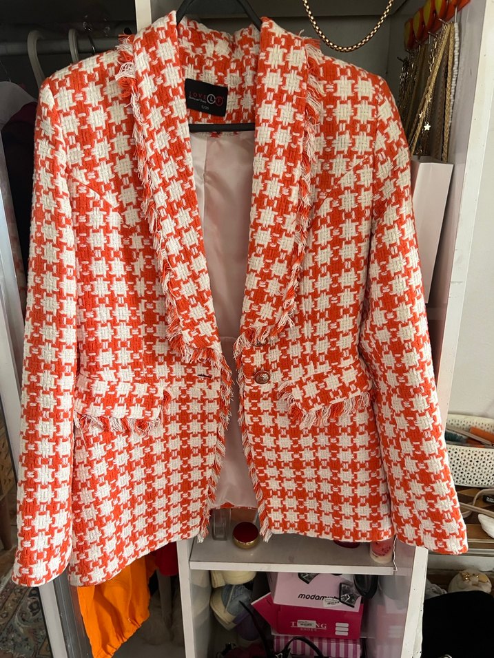 Kırmızı Ekose Düğmeli Midi Kadın Blazer - Görsel 2