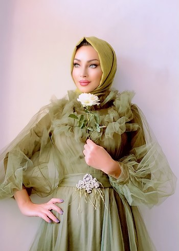 Drapeli Uzun Kollu Bej Kadın Abiye - Görsel 5