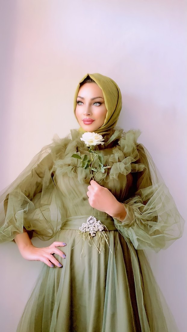 Drapeli Uzun Kollu Bej Kadın Abiye - Görsel 5