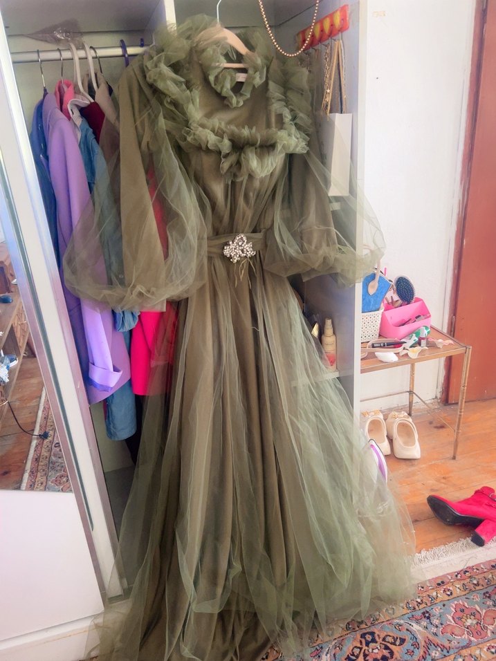 Drapeli Uzun Kollu Bej Kadın Abiye - Görsel 3