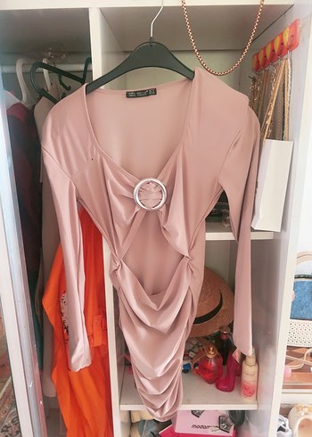 Pudra Drapeli V Yakalı Midi Elbise - Görsel 4