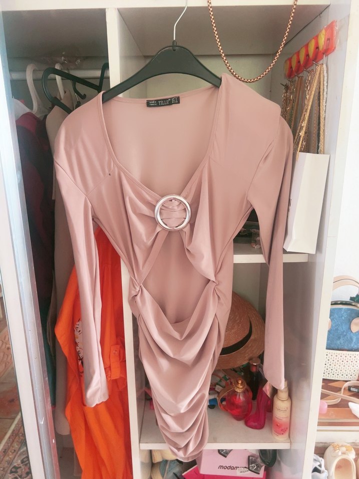 Pudra Drapeli V Yakalı Midi Elbise - Görsel 4