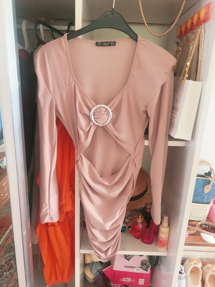 Pudra Drapeli V Yakalı Midi Elbise - Görsel 3