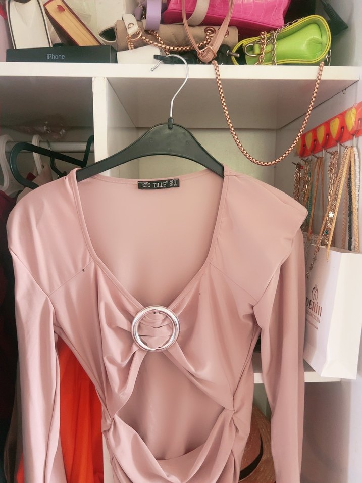 Pudra Drapeli V Yakalı Midi Elbise - Görsel 2