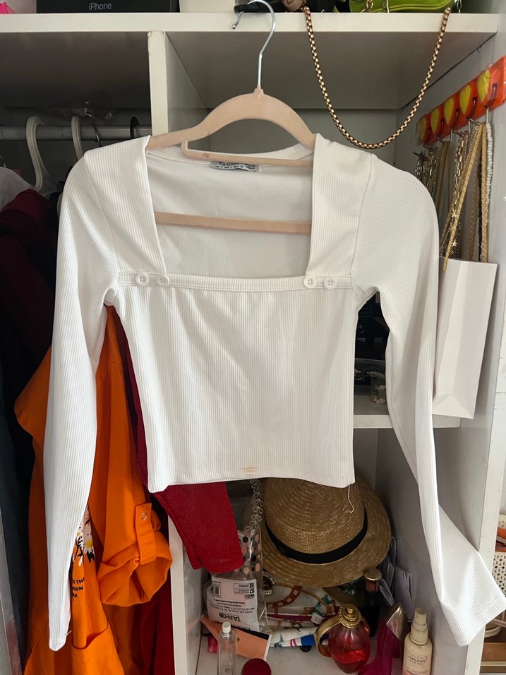 Düğmeli Beyaz Kadın Bluz, Uzun Kollu, Pamuklu - Görsel 3