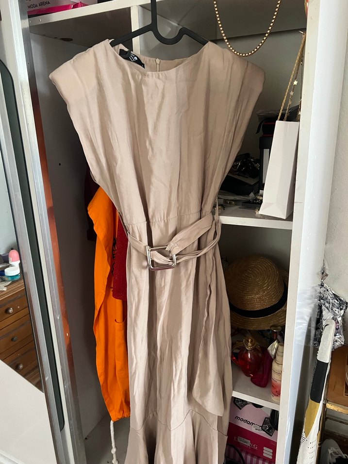 Bej Keten Salaş Uzun Elbise - Görsel 5