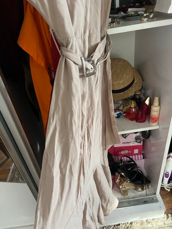 Bej Keten Salaş Uzun Elbise - Görsel 4