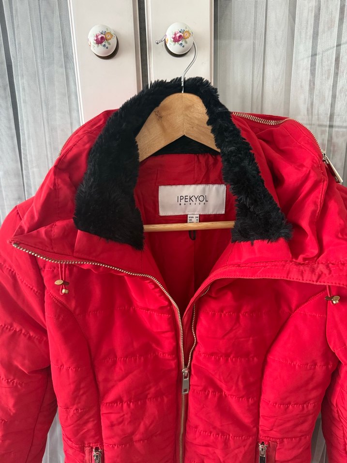 Fermuarlı Kırmızı Kadın Kışlık Mont - Görsel 3