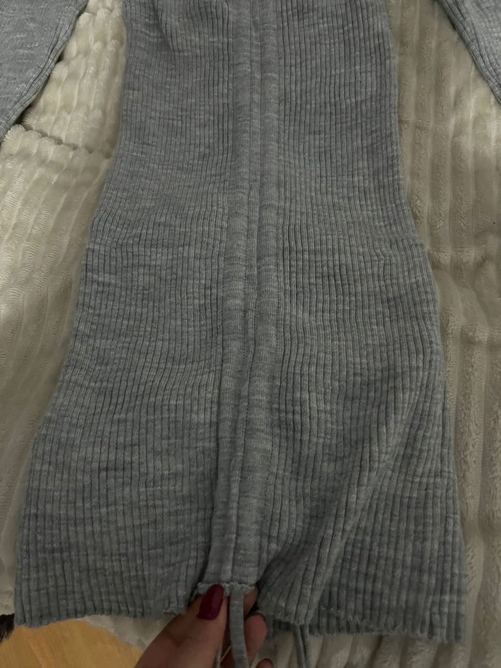 Gri V Yaka Uzun Kollu Triko Elbise - Görsel 2