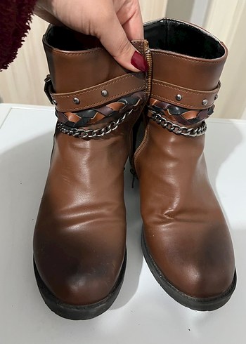 Kahverengi Kadın Deri Tokalı Biker Bot - Görsel 2