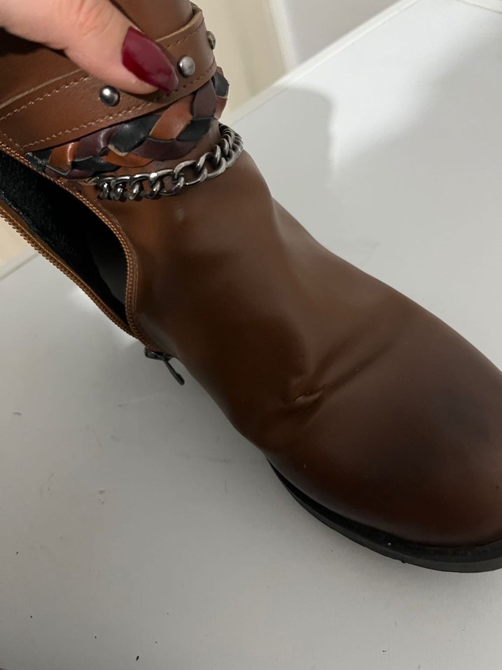 Kahverengi Kadın Deri Tokalı Biker Bot - Görsel 3