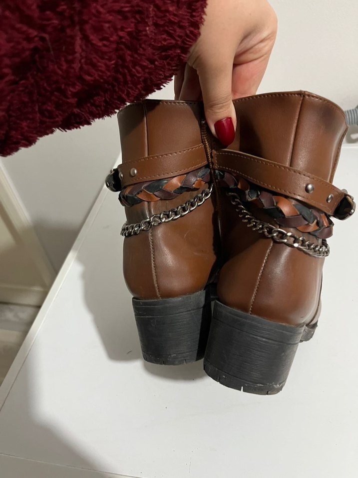 Kahverengi Kadın Deri Tokalı Biker Bot - Görsel 5