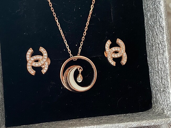 Accessorize 925 ayar gümüş rose Gold kaplama hediyelik kolye küpe seti