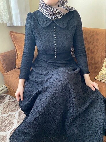 Vintage dantel güpürlü şık uzun tesettür abiye elbise