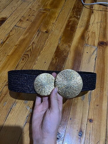 Vintage gold detaylı hasır görünümlü kalın kemer