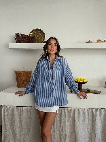 Çizgili Oversize Keten Gömlek