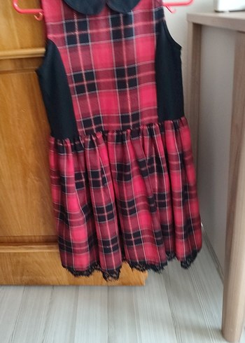 Kız Çocuk Kırmızı Kareli Yaka Detaylı Elbise - Görsel 6