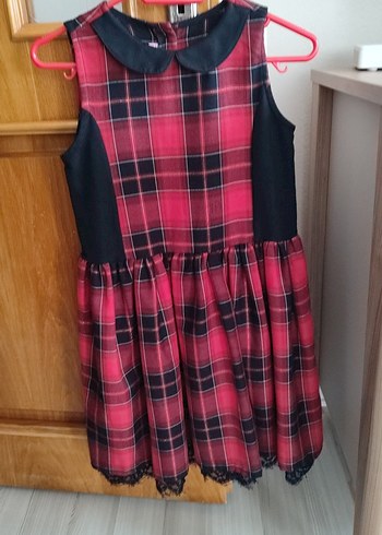 Kız Çocuk Kırmızı Kareli Yaka Detaylı Elbise - Görsel 8