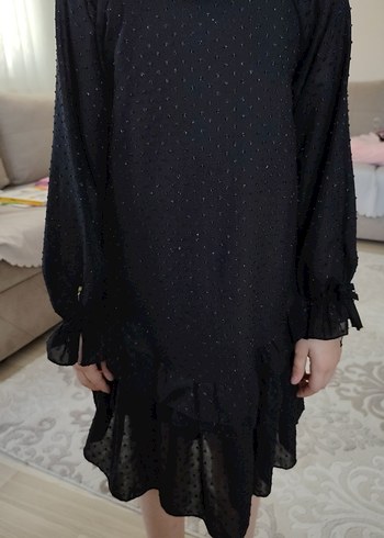 Siyah Uzun Kollu Fırfırlı Kız Elbisesi - Görsel 2