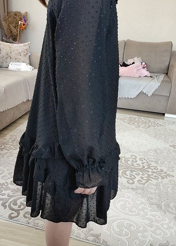 Siyah Uzun Kollu Fırfırlı Kız Elbisesi - Görsel 4