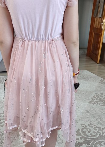 Pembe, V Yakalı, Fırfırlı Kız Elbisesi - Görsel 2