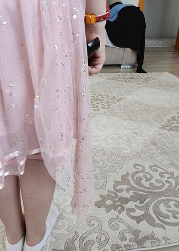 Pembe, V Yakalı, Fırfırlı Kız Elbisesi - Görsel 6