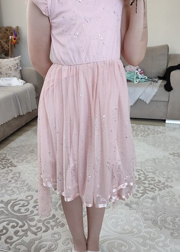 Pembe, V Yakalı, Fırfırlı Kız Elbisesi - Görsel 8