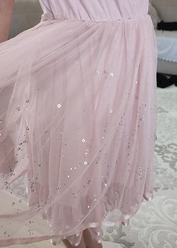 Pembe, V Yakalı, Fırfırlı Kız Elbisesi - Görsel 14