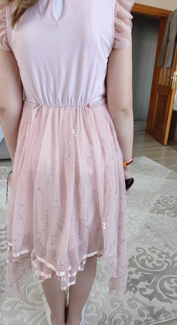 Pembe, V Yakalı, Fırfırlı Kız Elbisesi - Görsel 2